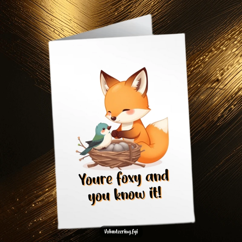 Funny Free Printable Congratulations Card: Playful fox assists a tiny bird in building a nest with delicate twigs, symbolizing creation.