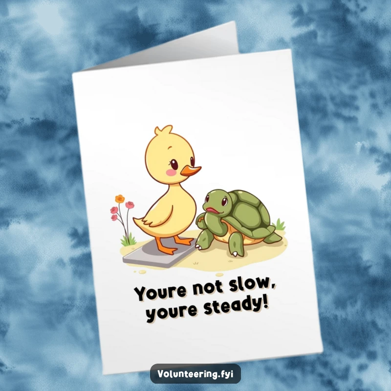 Funny Free Printable Congrats Card: A little kawaii duckling assists an elderly turtle, symbolizing help and reaching goals.