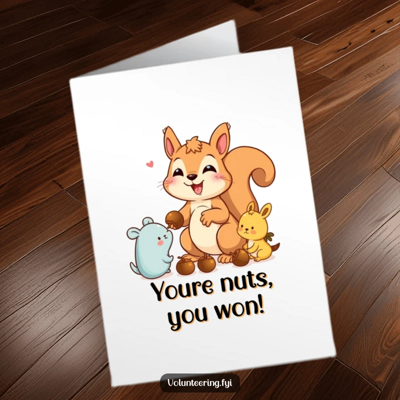 Funny Free Printable Congrats Card: A delighted squirrel sharing its stash of acorns with grateful animal friends.