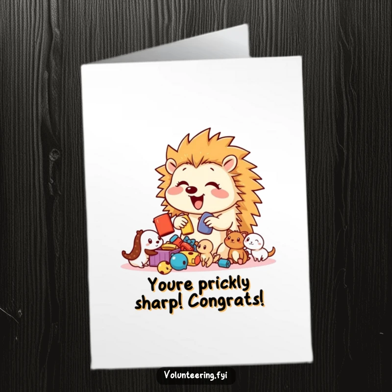 Funny Free Printable Congratulations Card: Hedgehog Sorts Toys for Cute Creatures, Joyful and Energetic, Playful Scene.