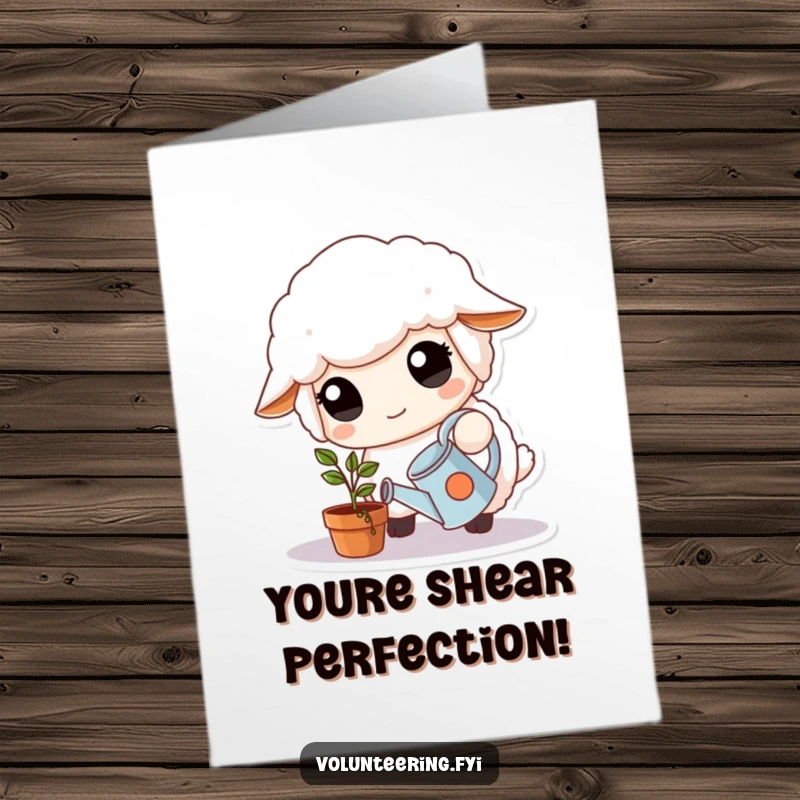 Free Printable Congratulations Card showing a fluffy white sheep with kind eyes watering a small potted plant.