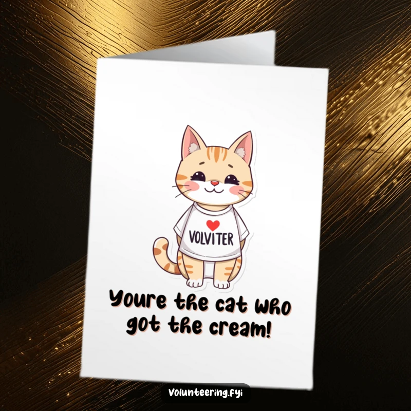 Funny Free Printable Congrats Card: Adorable cat in a volunteer t-shirt, celebrating success and good work