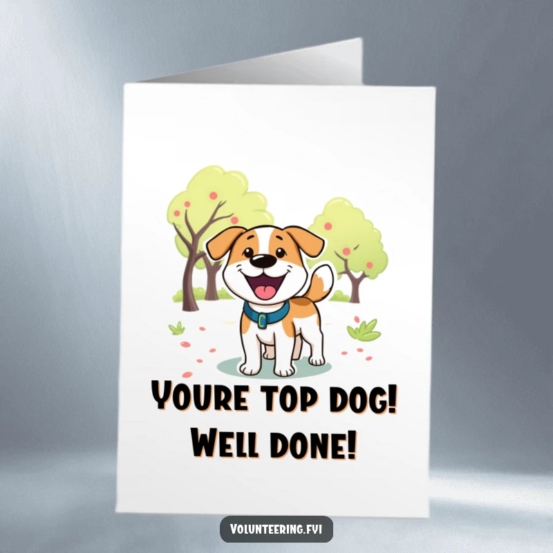 Funny Free Printable Congratulations Card: A playful cartoon dog wags its tail ecstatically in a park, celebrating your wonderful news.