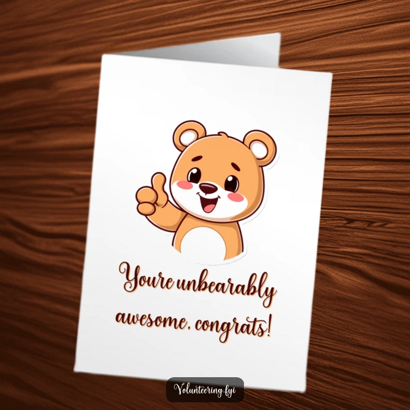 Funny Free Printable Congrats Card: Cheerful cartoon bear giving a friendly thumbs up, celebrating success