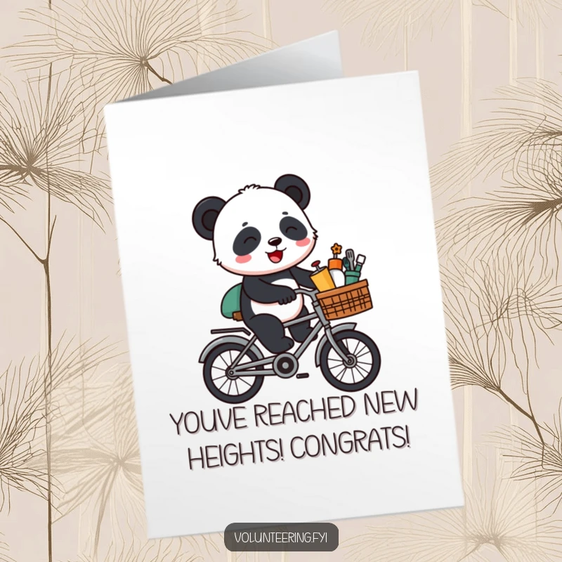 Funny Free Printable Congratulations Card: A giggling cartoon panda rides a bicycle with supplies, delivering congratulations for a milestone.