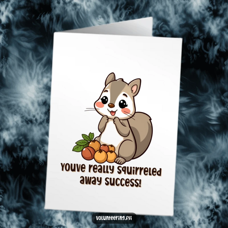 Funny Free Printable Congratulations Card: A friendly cartoon squirrel is sharing its gathered nuts, celebrating a successful outcome.
