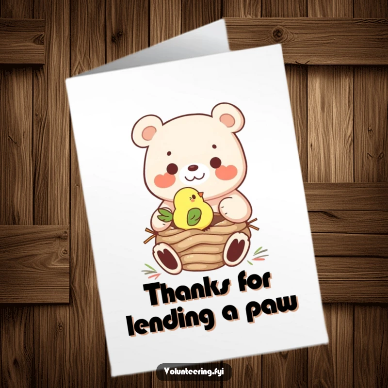 Funny Free Printable Thank You Card: Cheerful bear helps tiny bird build a nest, showing helpfulness.