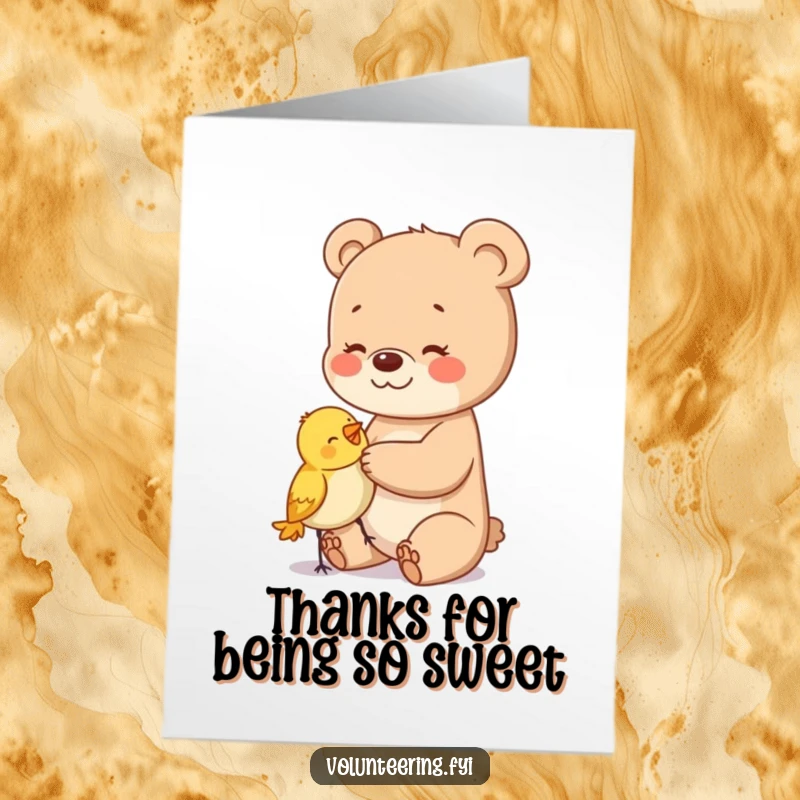 Funny Free Printable Thank You Card: A happy bear cub gently pats a bewildered bird, a sweet thank you downloadable gift.