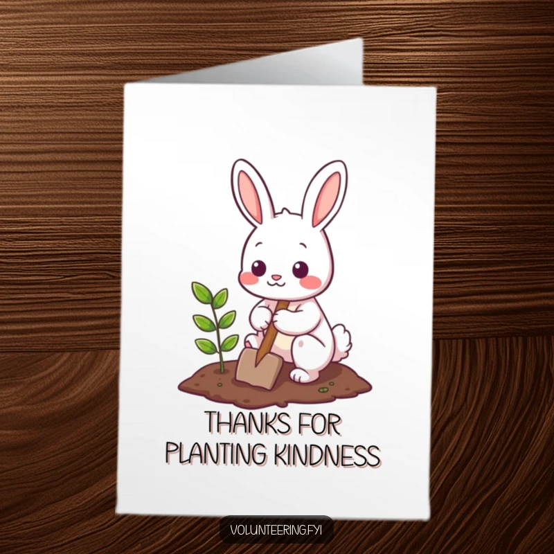 Funny Free Printable Bunny Thank You Card: A cute bunny plants a small tree, expressing gratitude in a charming way.
