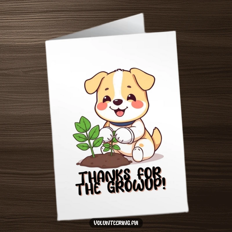 Funny free printable thank you card with a happy dog in gloves planting a small tree, a symbol of growth and heartfelt thanks.