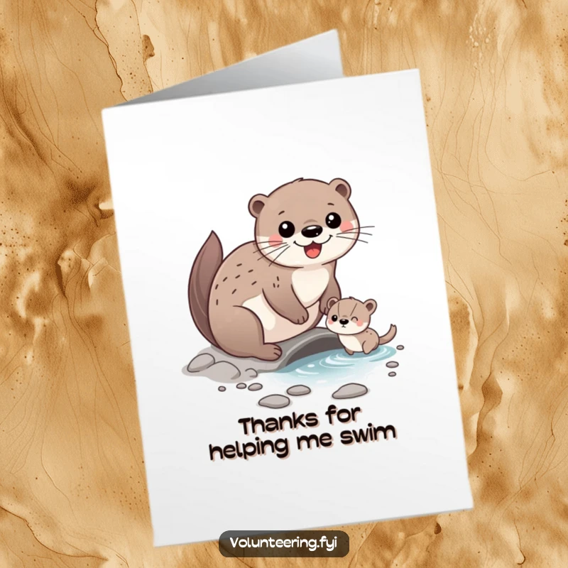 Funny Free Printable Otter Thank You Card: A happy otter character helps a small creature cross a stream, conveying warm thanks.