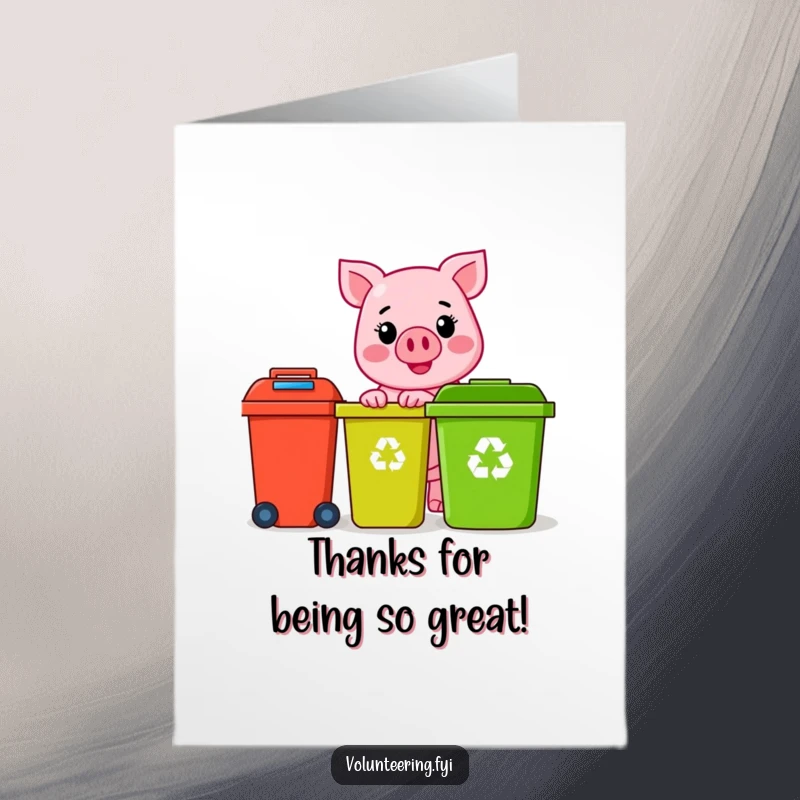 Funny free printable pink pig character smiling while sorting recycling items, perfect for a thank you card.