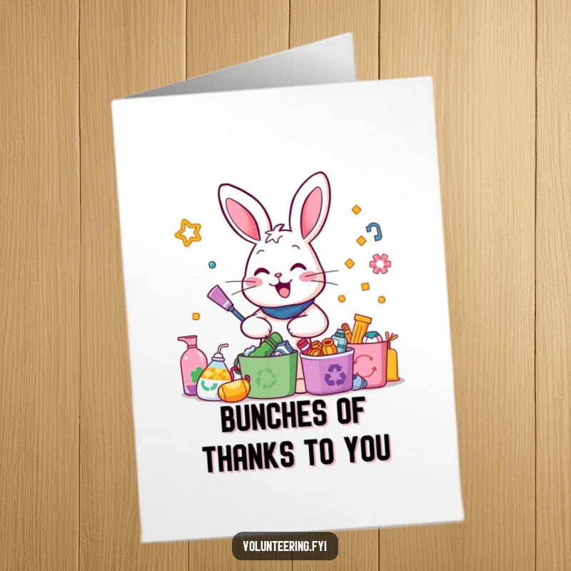 Funny Free Printable Thank You Card: Happy rabbit enthusiastically sorts colorful recycled items, showing green appreciation.