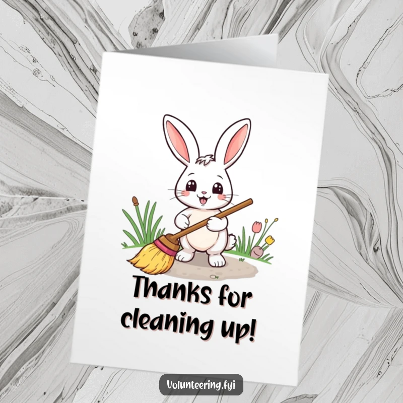 Funny free printable thank you card with a smiling rabbit sweeping a path, a sweet illustration of tidiness and gratitude.