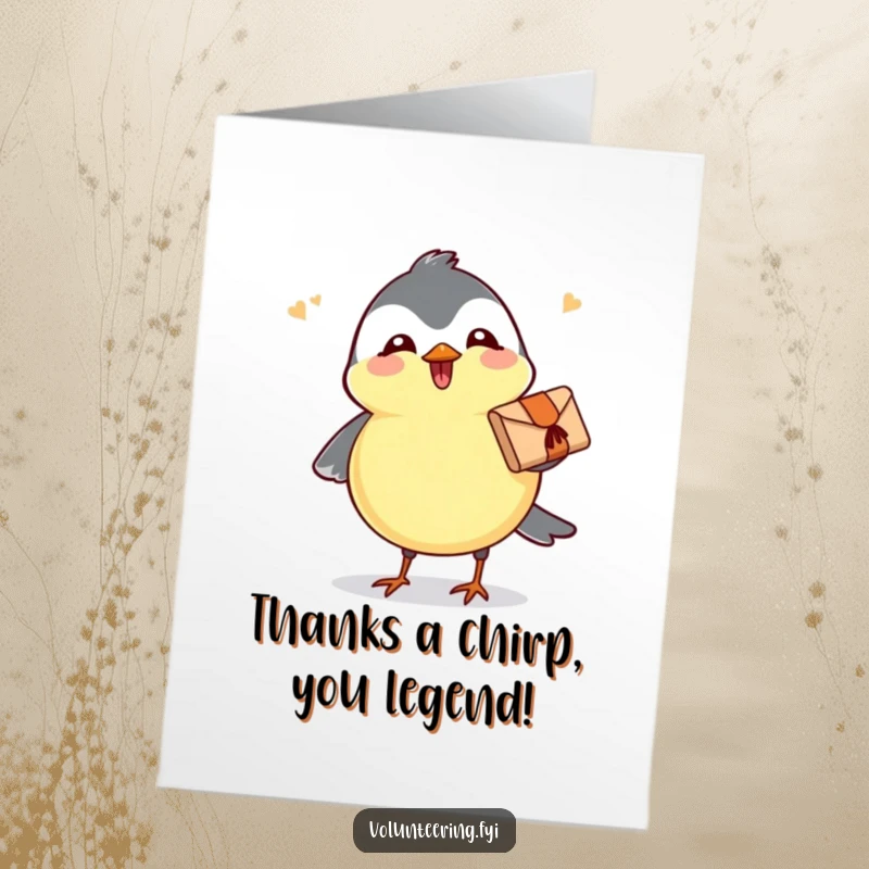 Free Printable Thank You Card: A joyful chickadee in flight, holding a tiny parcel and chirping a happy thank you.