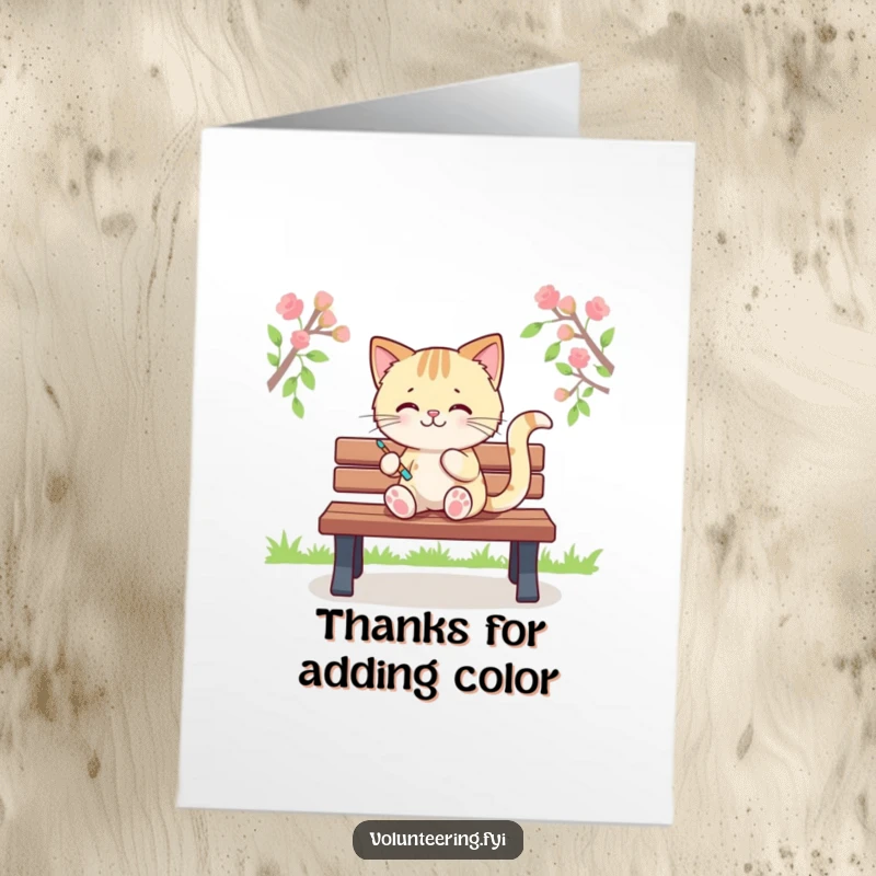 Funny Free Printable Thank You Card: A Kawaii cat painting colorful stripes on a park bench, a creative expression of thanks.