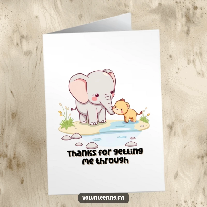 Funny Free Printable Thank You Card: A caring kawaii elephant assists a little friend across a stream, embodying gratitude.