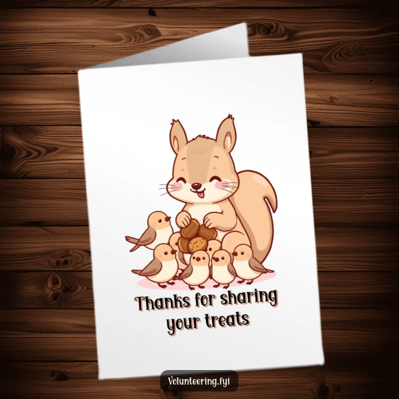 Funny Free Printable Thank You Card: A kawaii squirrel shares its nuts with little birds, representing thoughtful gratitude.