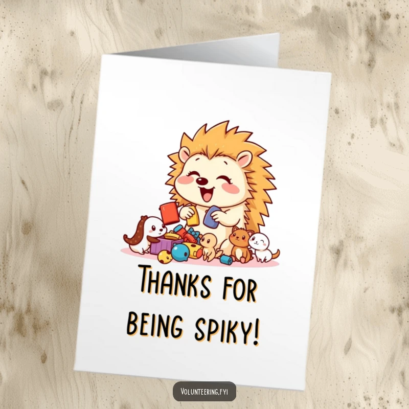 Funny Free Printable Thank You Card: Hedgehog Sorts Toys for Friends, Helpful and Happy, Cute Animal Interaction.
