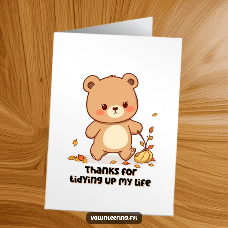 Funny Free Printable Thank You Card: Determined Kawaii bear collecting fallen leaves, a symbol of hard work and tidiness, a cute printable.