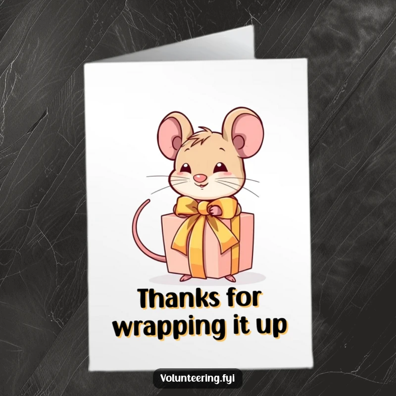 Funny Free Printable Thank You Card: A small mouse puts the finishing touches on a gift with a ribbon.