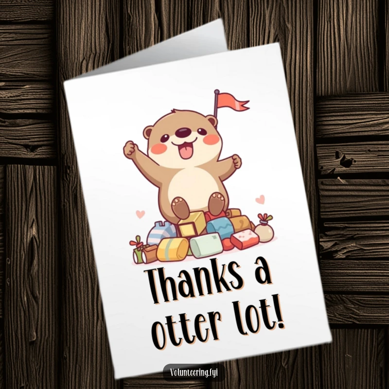 Funny free printable thank you card with a joyful otter waving a flag, celebrating your appreciation.