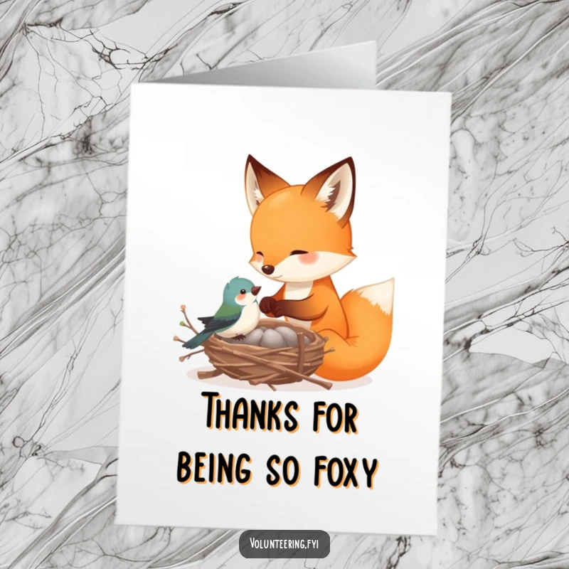 Funny Free Printable Thank You Card: Playful fox helps a tiny bird build a nest with delicate twigs, showing thanks for assistance.