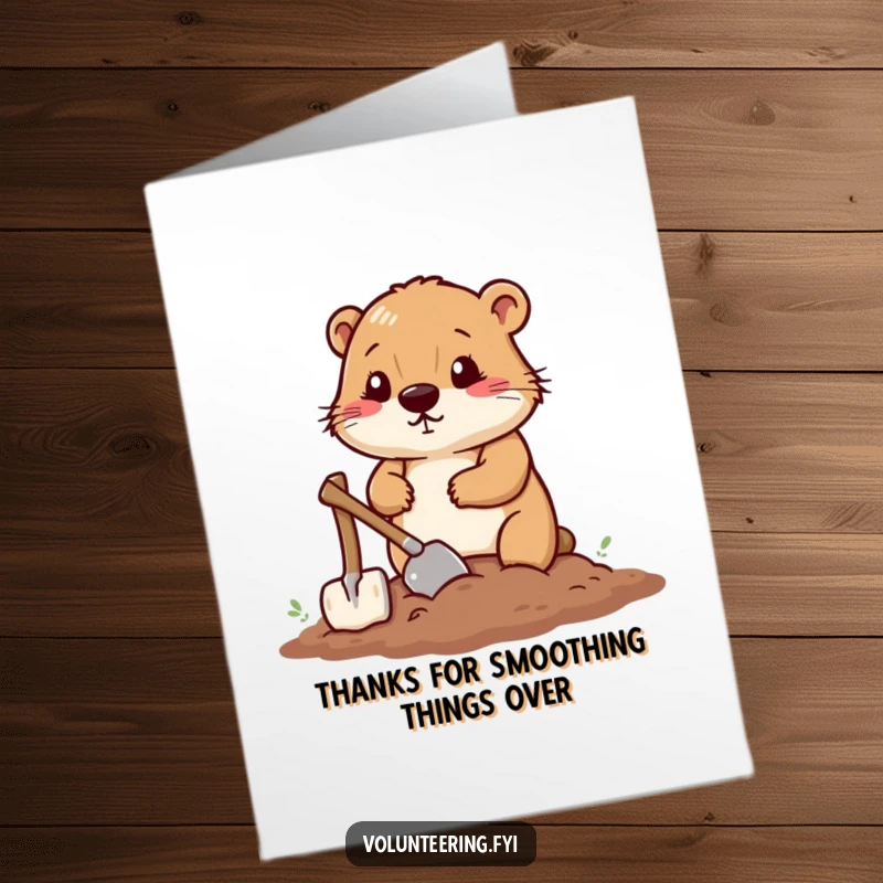 Heartfelt free printable thank you card featuring a determined beaver smoothing soil with a tiny shovel, a symbol of hard work.