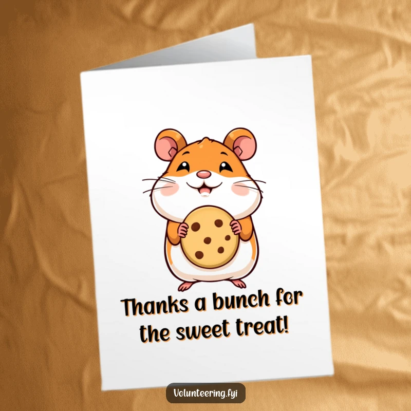Funny Free Printable Thank You Card: A happy cartoon hamster offering a miniature cookie, showing thanks with a smile.