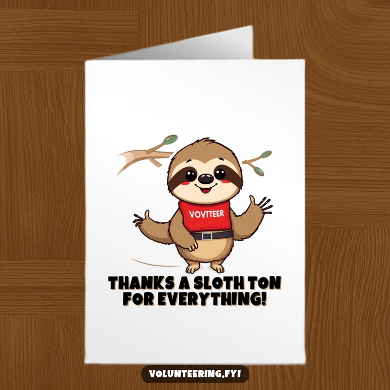 Funny Free Printable Thank You Card: A smiling cartoon sloth in a volunteer vest, offering a tiny gift of thanks, ready to print.