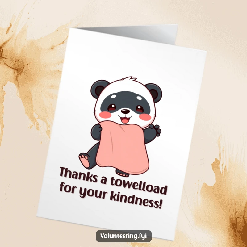 Funny Free Printable Panda Thank You Card: A happy panda holds out a pristine towel, offering a funny and clean 'thank you' to a special person.