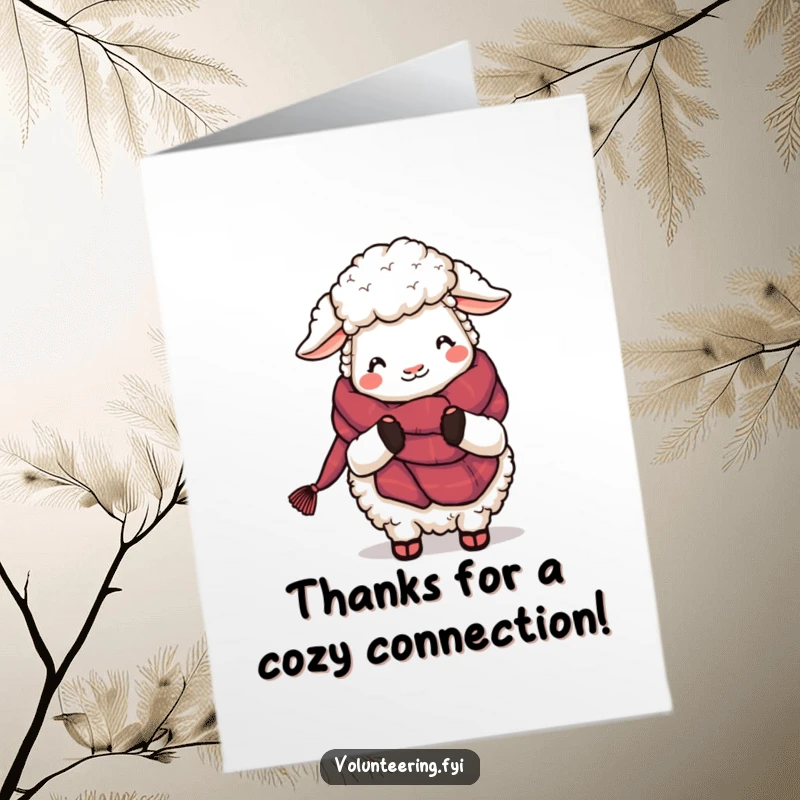 Funny Free Printable Thank You Card: A fluffy cartoon sheep is shown knitting a scarf, expressing warm thanks with a humorous touch.