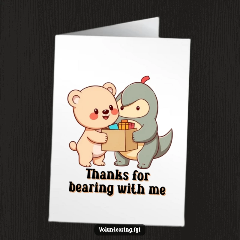 Funny Free Printable Bear Cub Thank You Card: A cheerful cub offers a box of supplies, expressing heartfelt thanks with a smile.