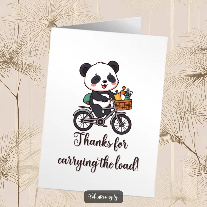 Funny Free Printable Thank You Card: A giggling cartoon panda rides a bicycle with supplies, offering a funny and heartfelt thank you.