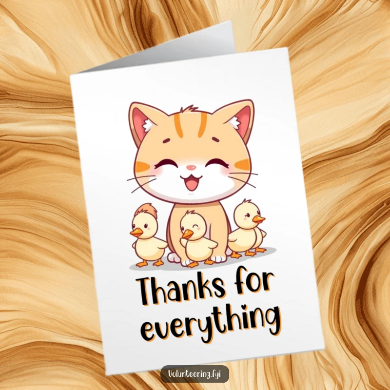 Funny free printable thank you card with a smiling cat character guiding lost little ducklings, expressing gratitude.