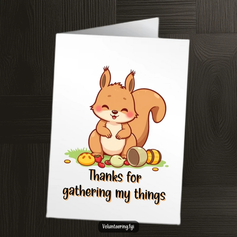 Funny Free Printable Thank You Card: A cheerful squirrel with a big smile tidies up picnic items, conveying thanks.