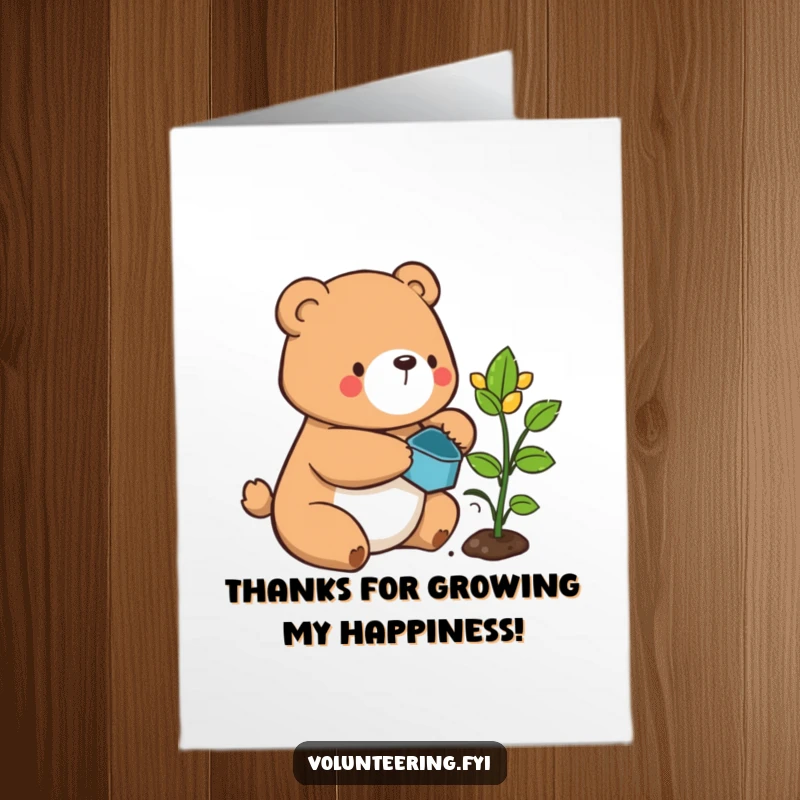 Funny Free Printable Bear Thank You Card: A contented bear carefully waters a sprouting plant, expressing sweet, growing thanks. Adorable downloadable appreciation.