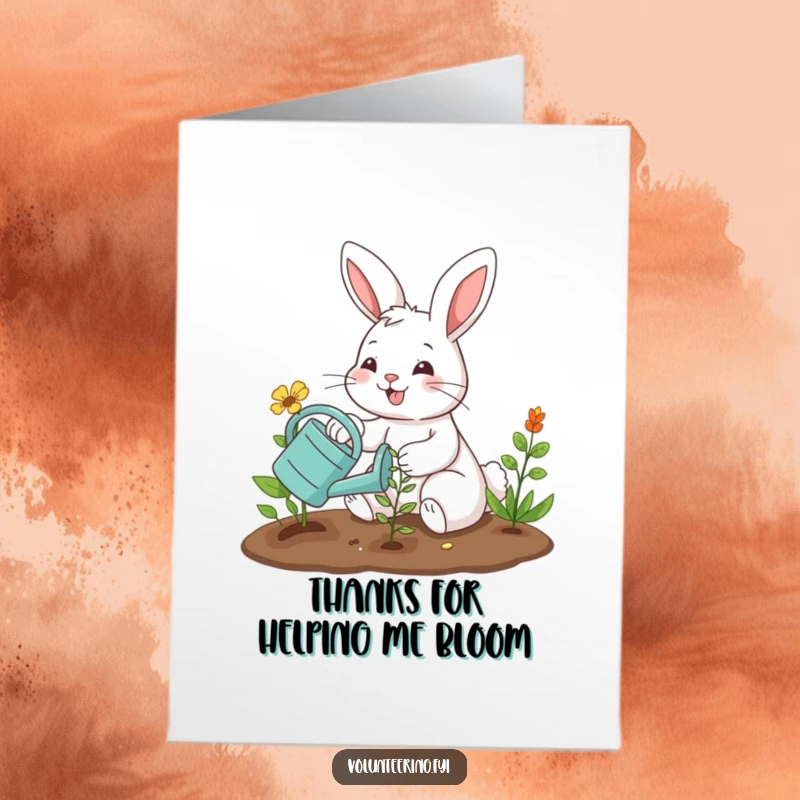 Funny free printable thank you card: smiling bunny plants a seedling, a gesture of growth and appreciation.