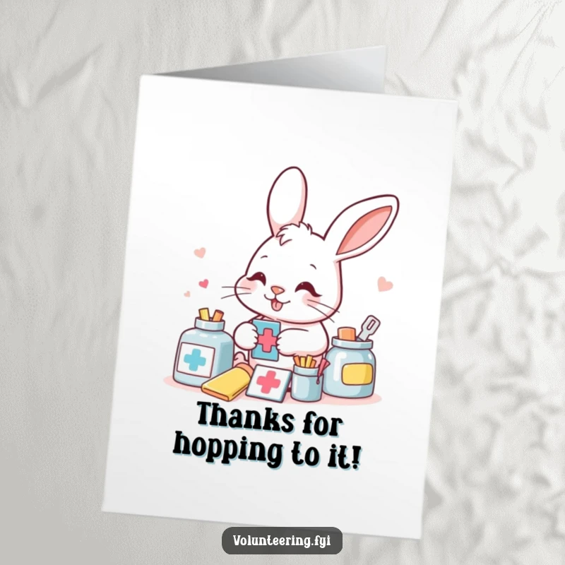 Funny Free Printable Thank You Card: A determined bunny smiles while sorting colorful aid supplies, conveying gratitude with care.