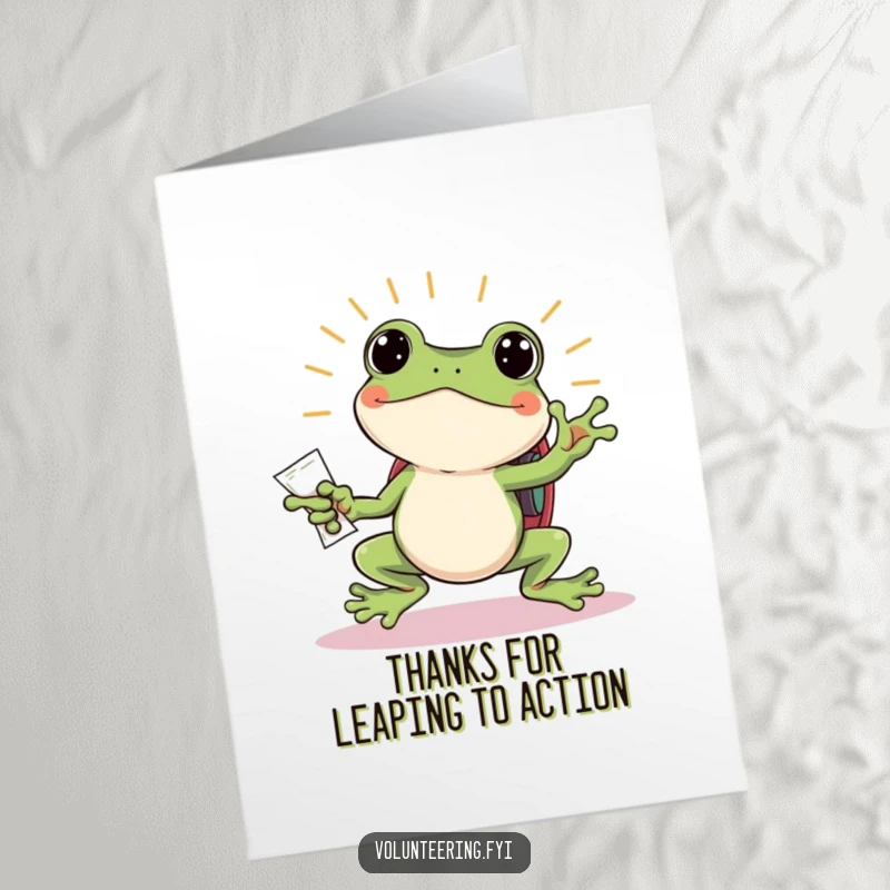 Funny Free Printable Thank You Card: A jumping frog with a tiny backpack beams while handing out flyers, conveying thanks.