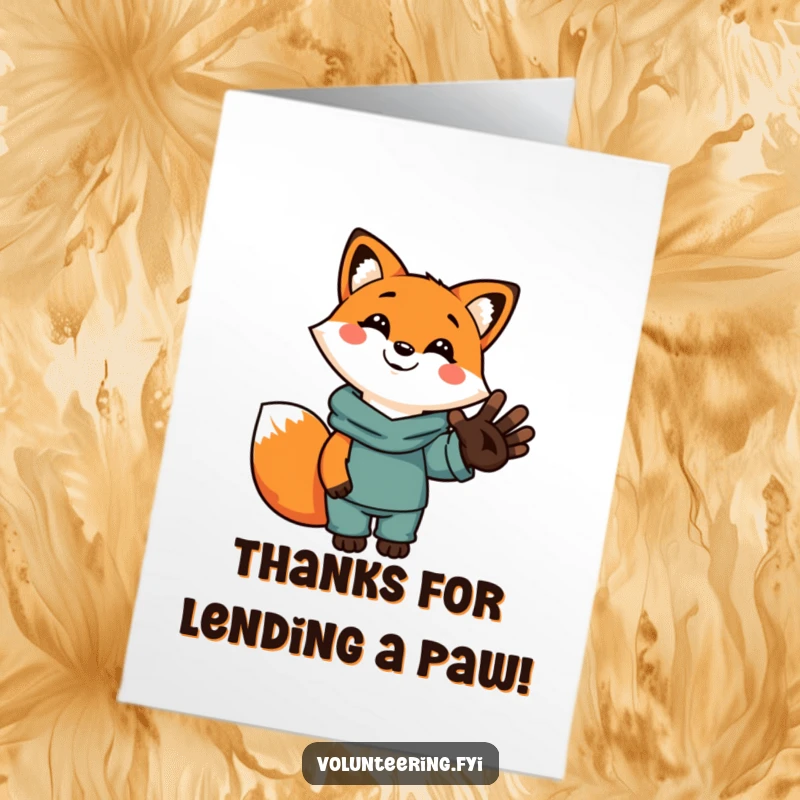 Funny Free Printable Thank You Card: Cute cartoon fox with a smile, holding a helping human hand, expressing thanks