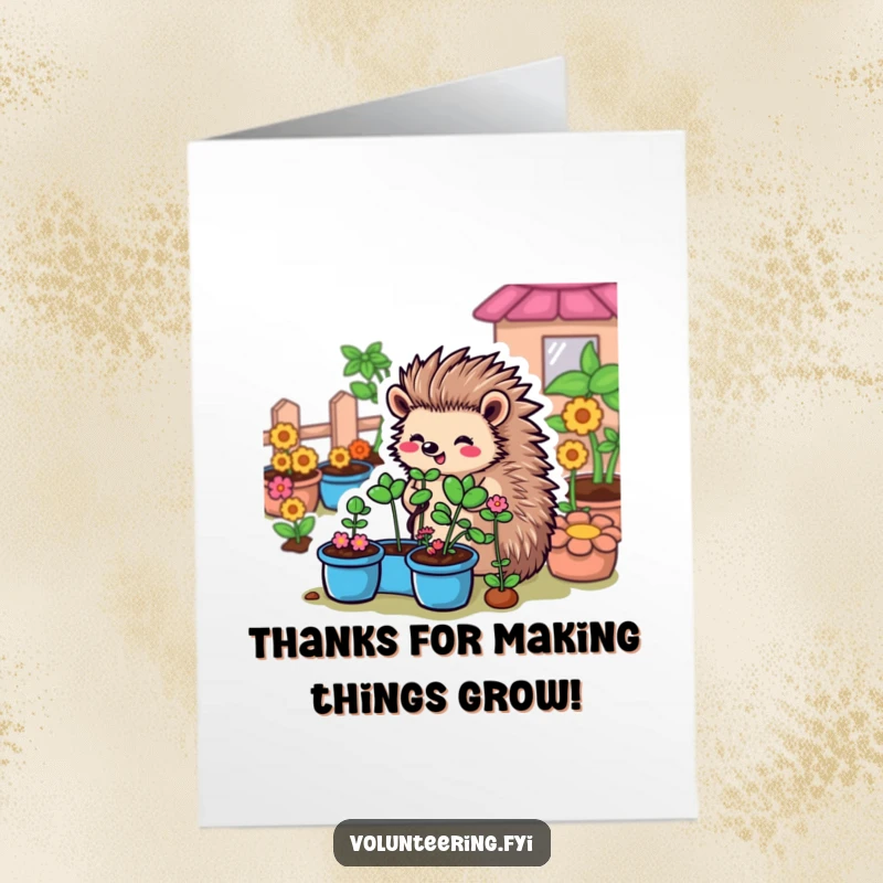 Funny Free Printable Thank You Card: A sweet cartoon hedgehog happily tends to a community garden, offering a funny thank you.