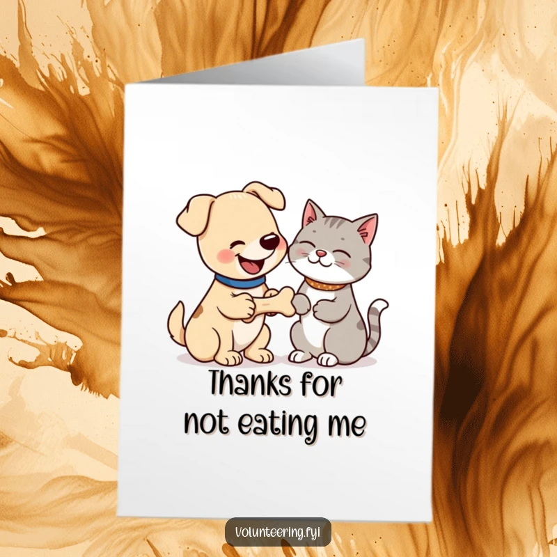 Funny free printable thank you card: dog offers bone to cat, expressing gratitude with a comical animal moment.