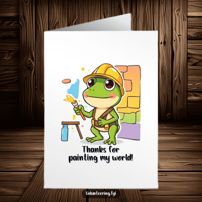 Funny Free Printable Thank You Card: A green frog in a hard hat carefully paints a colorful mural section, expressing thanks.
