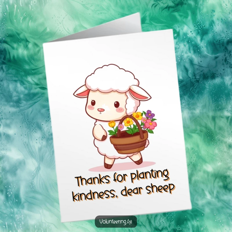 Cute free printable thank you card featuring a fluffy sheep with a basket of colorful flowers, perfect for expressing thanks.
