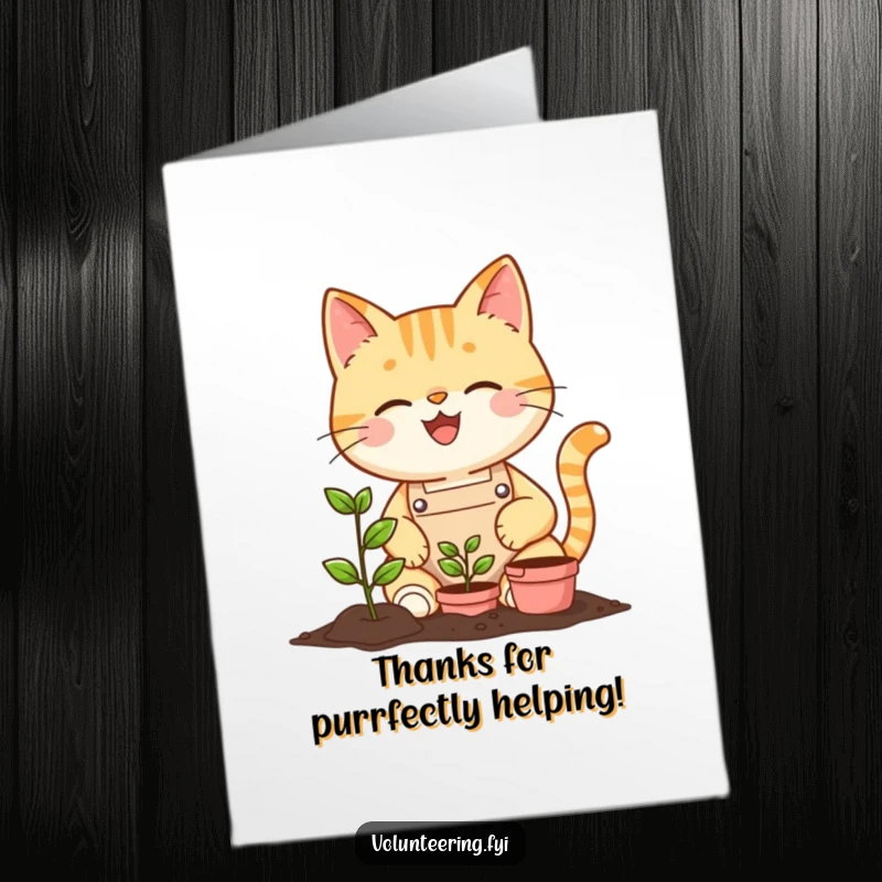 Funny Free Printable Thank You Card: A cheerful cat wearing an apron plants a tiny seedling, conveying thanks with a smile.