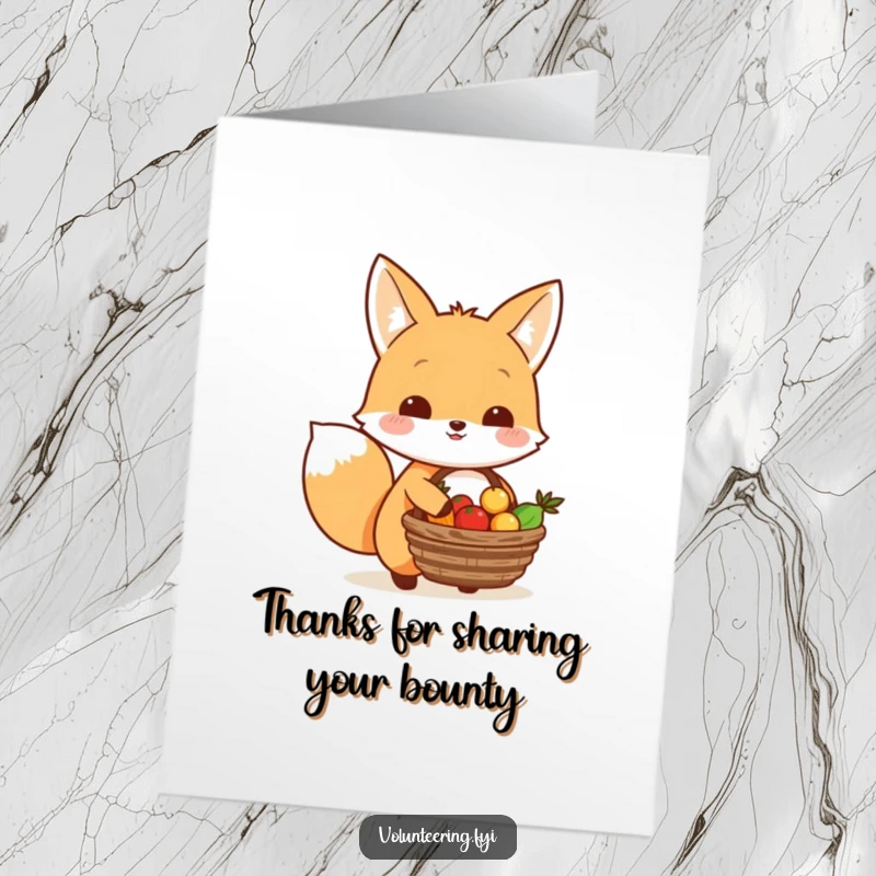 Funny Free Printable Thank You Card: Happy Kawaii fox with a basket of food, a symbol of sharing and kindness, a cute printable.