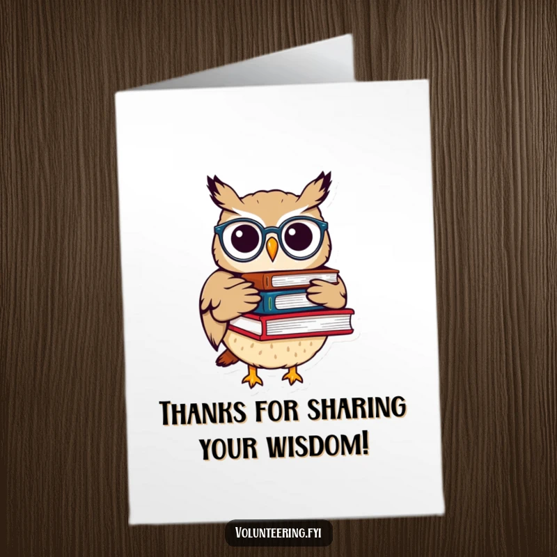 Funny Free Printable Thank You Card: Whimsical owl with spectacles carrying books, expressing thanks for knowledge