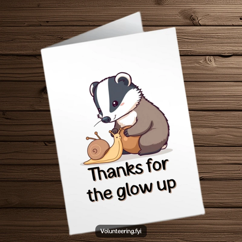 Funny Free Printable Thank You Card: A diligent badger carefully cleans a snail's shell, showing great attention to detail.