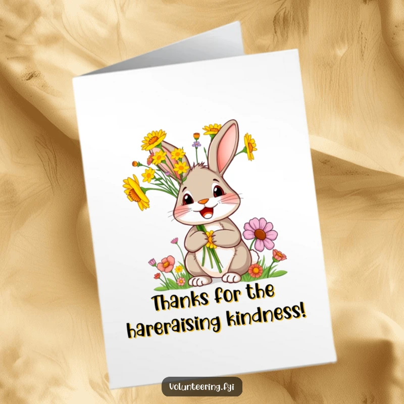 Funny Free Printable Rabbit Thank You Card: A delighted rabbit presents a bunch of bright wildflowers, offering a charmingly floral thank you. Sweet downloadable appreciation.